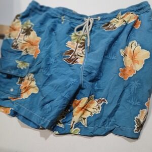 Tommy Bahama Men's XL Swim Trunks Blue Hawaiian Floral Tropical Palms